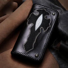 Handmade Leather Cross Mens Tooled Long Biker Wallet Cool Leather Wallet Long Phone Wallets for Men