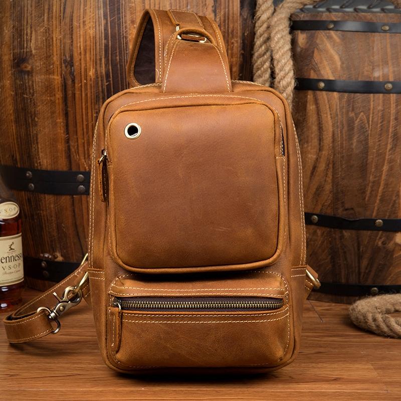 Casual Brown Mens Leather Large Sling Bag One Shoulder Pack Chest Bag Sling Backpack for men