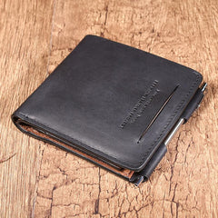 Leather Mens Black Small billfold Wallet Bifold Business Card Wallet For Men with Pen