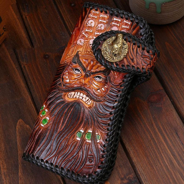 Handmade Mens Cool Tooled Long Zhong Kui demon Leather Chain Wallet Biker Trucker Wallet with Chain