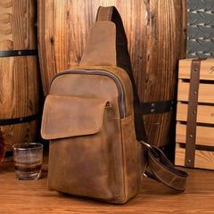 Cool Dark Brown Leather Mens Sling Bag Crossbody Pack One Shoulder Pack Brown Chest Bag for men