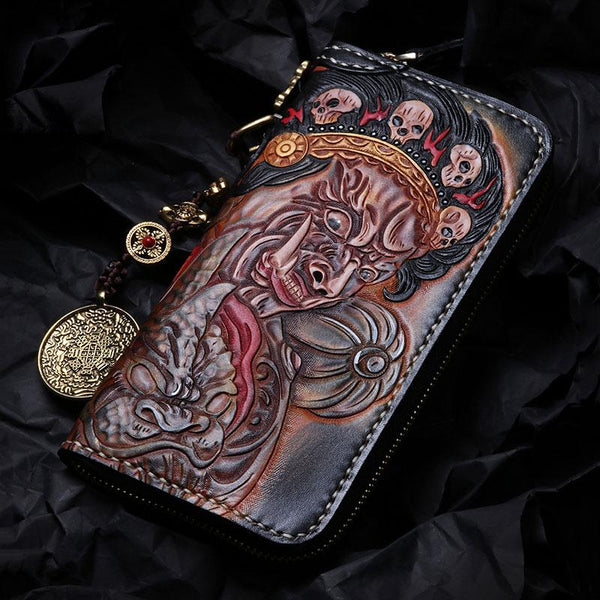 Handmade Leather Mah¨¡k¨¡la Mens Tooled Long  Biker Wallet Cool Leather Wallet With Chain Wallets for Men