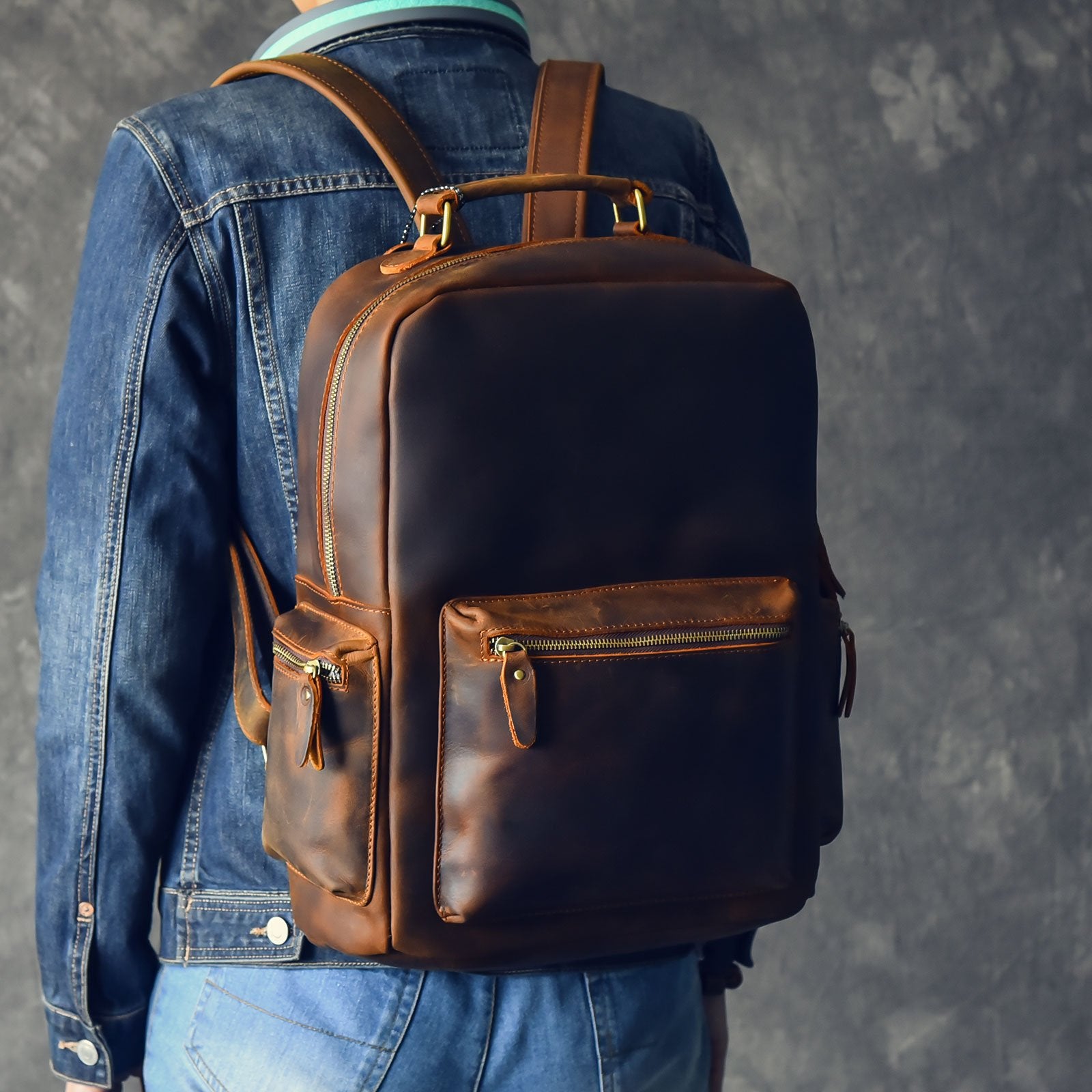 Vintage Brown Leather Mens 15" Laptop Backpack Hiking Backpack Travel Backpack College School Bag for Men