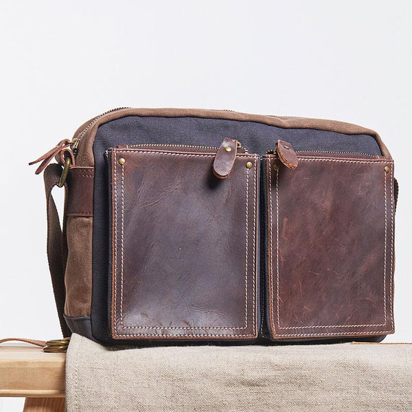 Mens Leather Canvas Gray Cool Messenger Bag Side Bag Shoulder Bag for Men