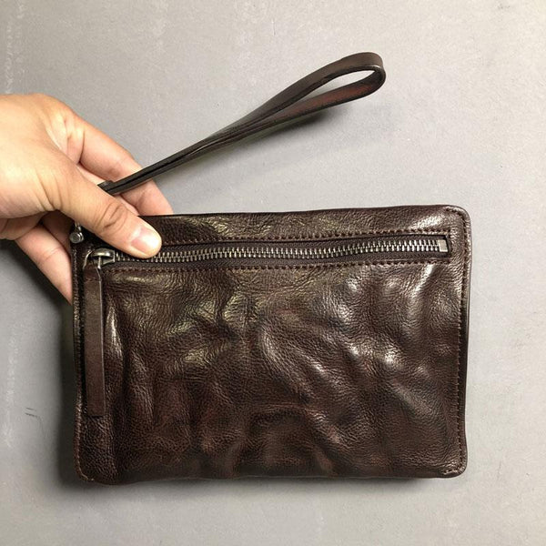 Genuine Leather Mens Clutch Cool Slim Wallet Zipper Clutch Wristlet Wallet for Men