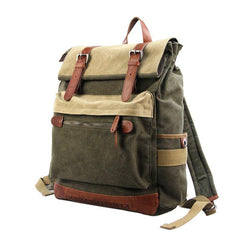 Army Green Canvas Leather Mens Large Backpack School Backpack Green Canvas Travel Backpack For Men