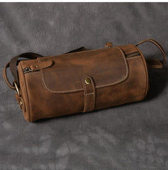 Leather Mens Vintage Brown Side Bag Barrel Messenger Bag Small Bucket Bag For Men
