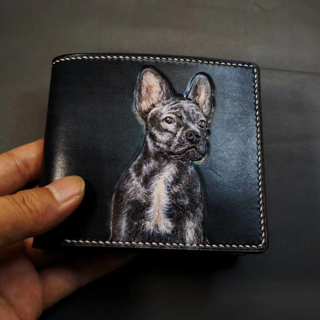 Handmade Mens Leather billfold Wallet Bulldog Dog Tooled Leather Bifold Wallet Slim Wallet for Men