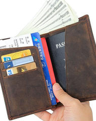 Vintage Mens Leather Small Slim Passport Wallets Bifold Long Wallet For Men