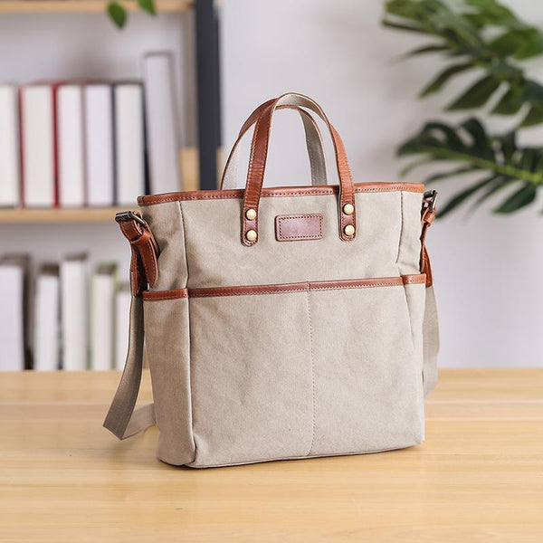 Casual Canvas Leather Mens Womens Large 13" Brown Handbag Tote Bag Beige Shoulder Bag Tote Purse For Men