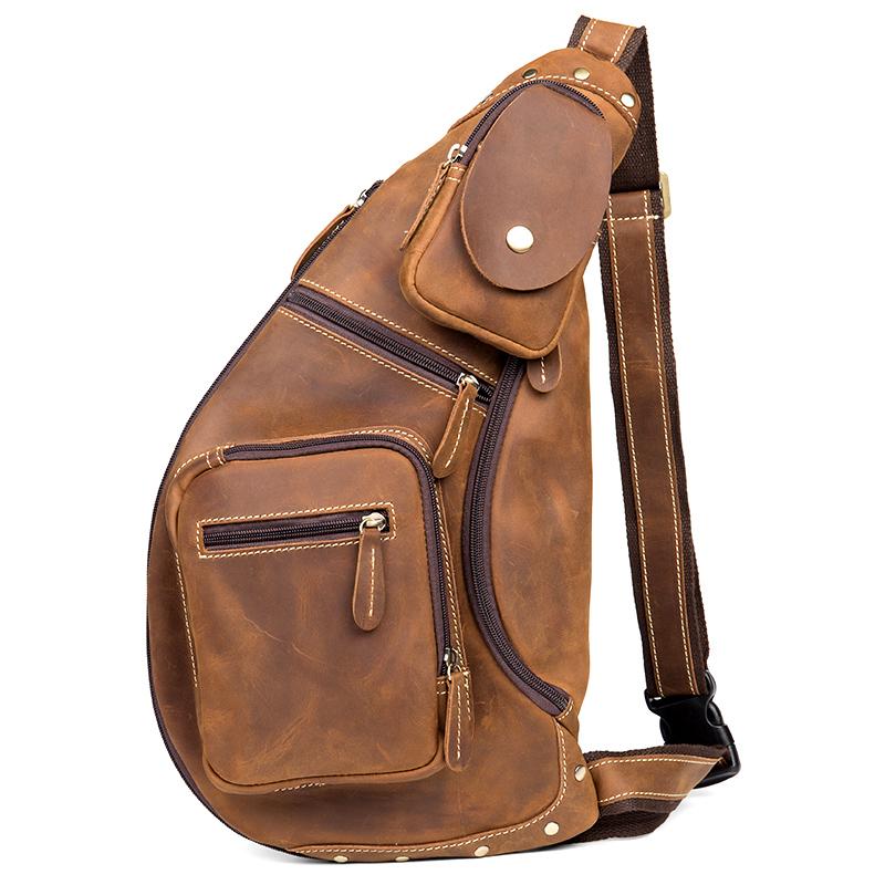 Brown Leather Mens Cool Large Sling Bags Light Brown Crossbody Pack Chest Bag for Men