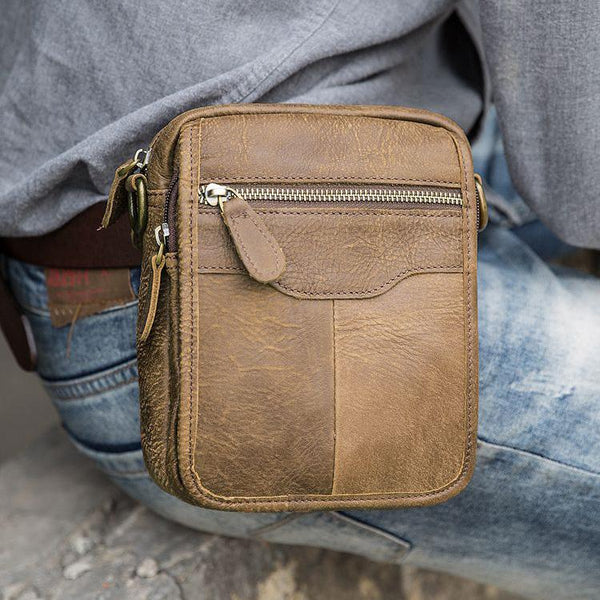 Brown Mens Leather Small Belt Pouch Mens Waist Bag Side Bag Mini Messenger Bag Phone Bag for Men