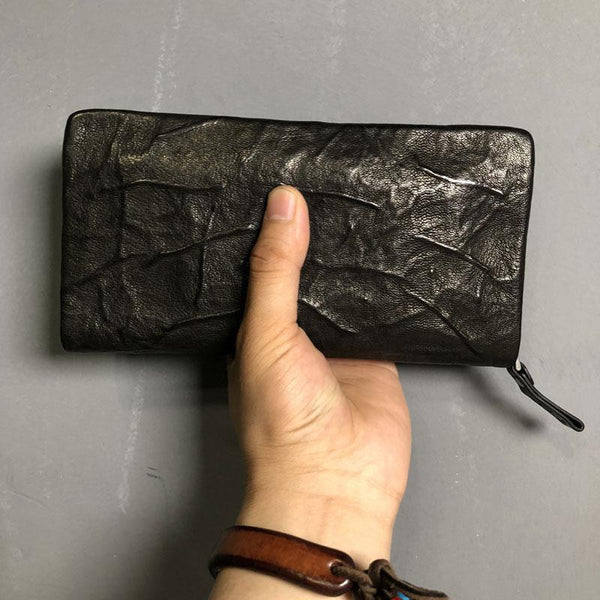 Genuine Leather Mens Cool Long Leather Wallet Zipper Clutch Wristlet Wallet for Men