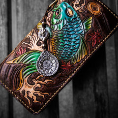 Handmade Leather Tooled Carp Mens Biker Chain Wallet Cool Leather Wallet Long Wallets for Men