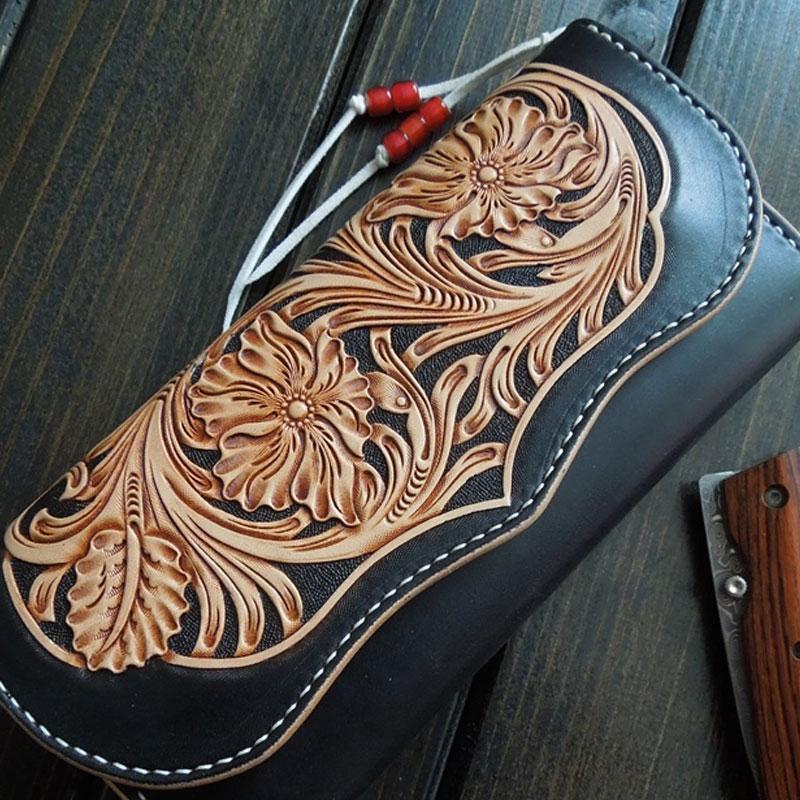 Handmade Leather Mens Clutch Tooled Floral Wallet Cool Wallet Long Wallets Biker Chain Wallet for Women Men