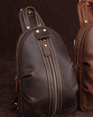 Cool Dark Brown Mens Leather One Shoulder Backpack Chest Bag Sling Bag For Mens