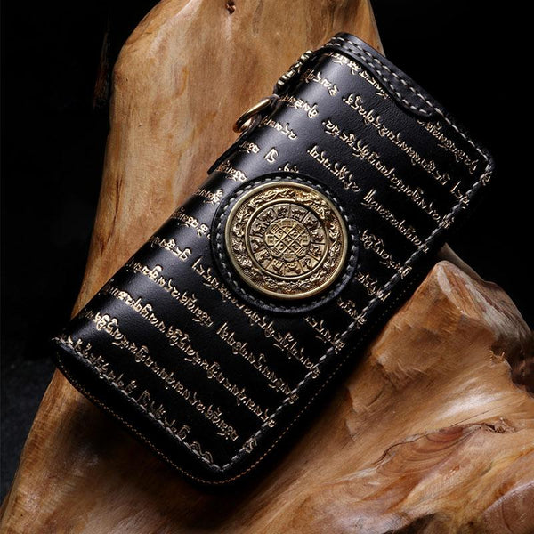 Handmade Leather Mens Chain Tibetan Biker Wallet Cool Leather Wallet Long Phone Wallets for Men