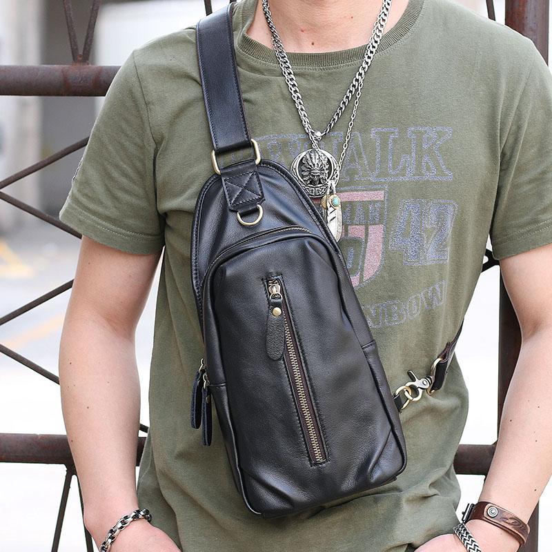 Black Cool Leather Mens Sling Bag Chest Bag Black One Shoulder Backpack For Men