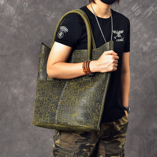 Leather Mens Womens 14" Large Shoulder Bag Dark Green Tote Bag Large Side Bag For Men