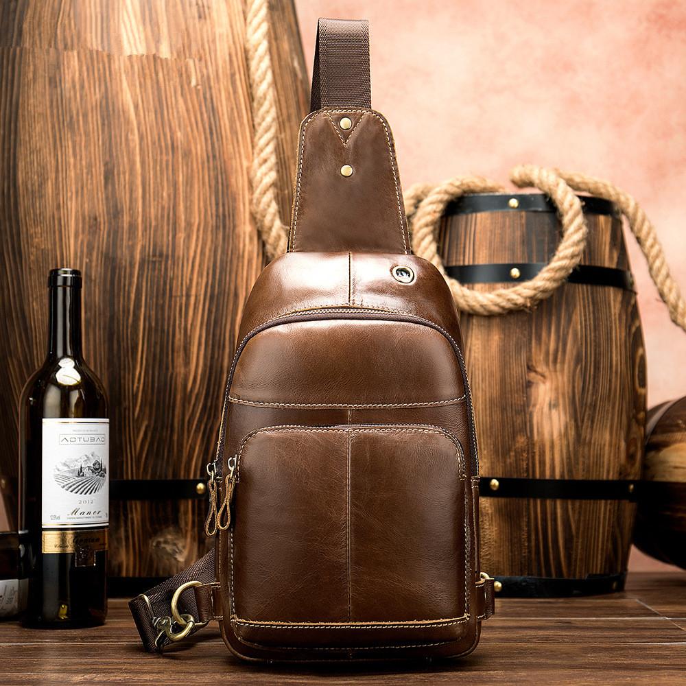 Fashionable Brown Leather Men's Chest Bag Sling Bag One Shoulder Backpack For Men