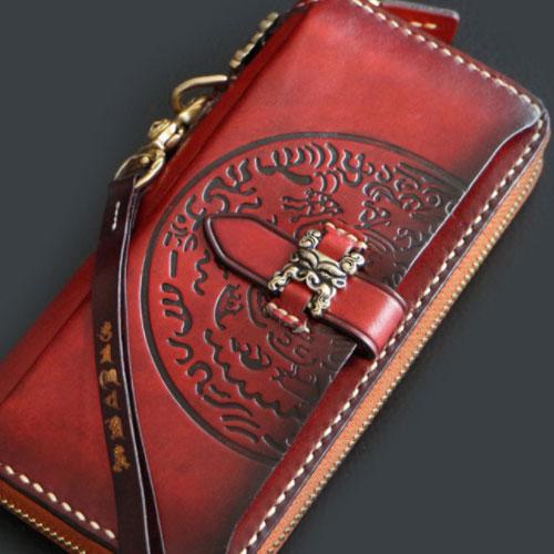 Handmade Mens Tooled Snow Lion Leather Long Chain Wallet Biker Trucker Wallet with Chain - iChainWallets