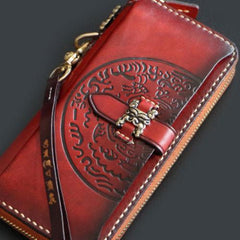 Handmade Mens Tooled Snow Lion Leather Long Chain Wallet Biker Trucker Wallet with Chain