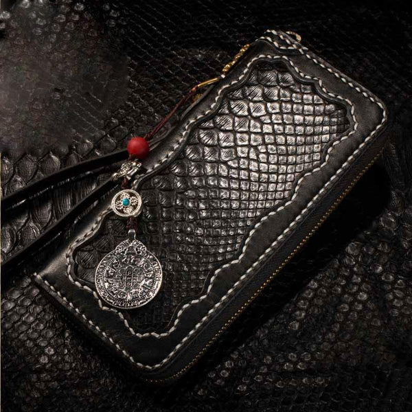 Handmade Leather Python Skin Mens Chain Biker Wallet Cool Leather Wallet Long Phone Wallets for Men