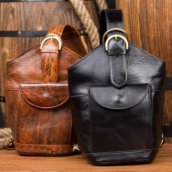 Black Leather Mens Cool Bucket Small Sling Bags Backpack Crossbody Pack Chest Bag for Men