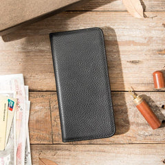 Fashion Black Leather Mens Bifold Long Wallet Thin Card Wallet Black Long Wallet for Men