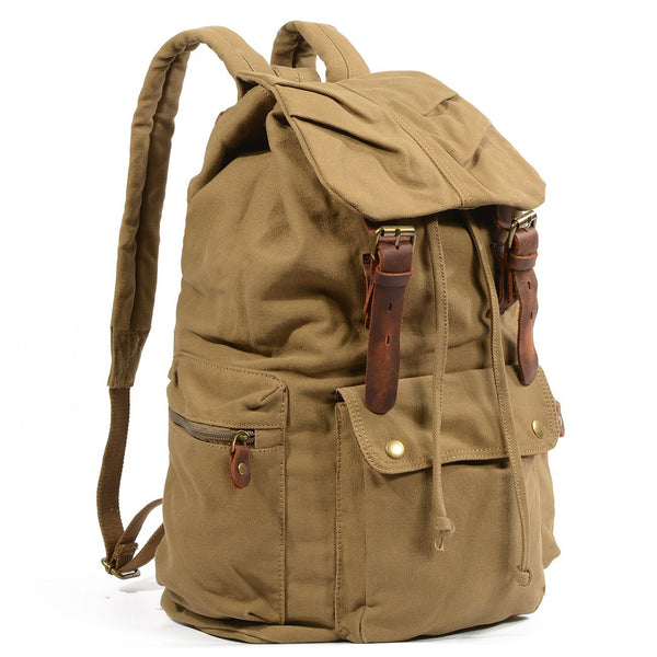 Khaki Canvas Mens Large 15'' Hiking Backpack Travel Backpack College Bag Computer Backpack for Men