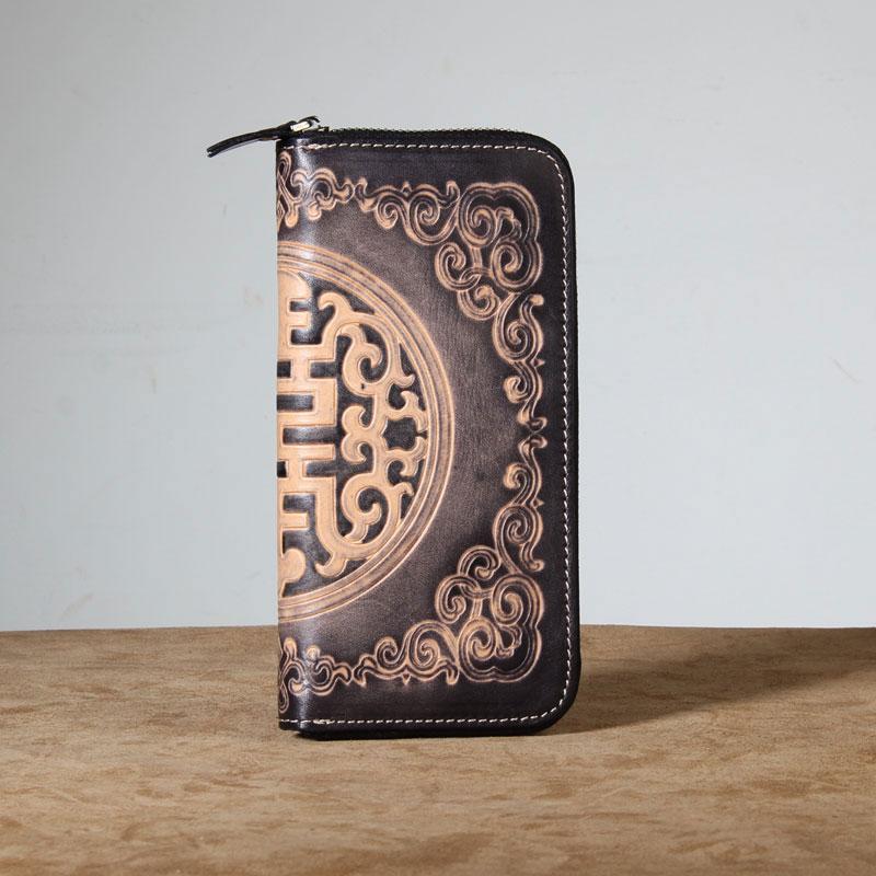 Handmade Genuine Leather Mens Cool Tooled Long Leather Wallet Bifold Clutch Wallet for Men