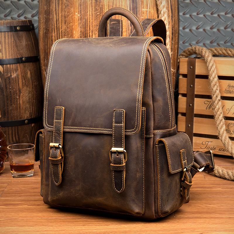 Casual Brown Mens Leather 14-inch Computer Backpacks Brown Travel Backpacks School Backpack for men