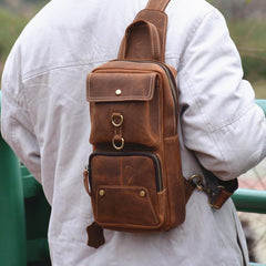 Cool Brown Leather Men's Sling Bag Chest Bag Brown One Shoulder Backpack For Men