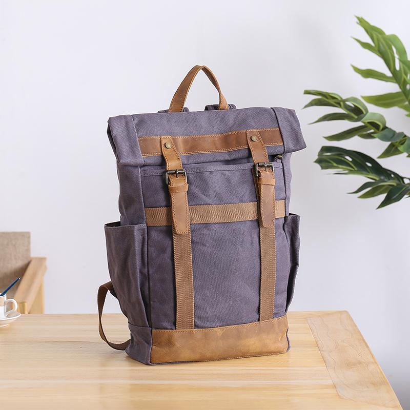 Waxed Canvas Leather Mens 15‘’ Gray College Backpack Travel Backpack Hiking Backpack for Men