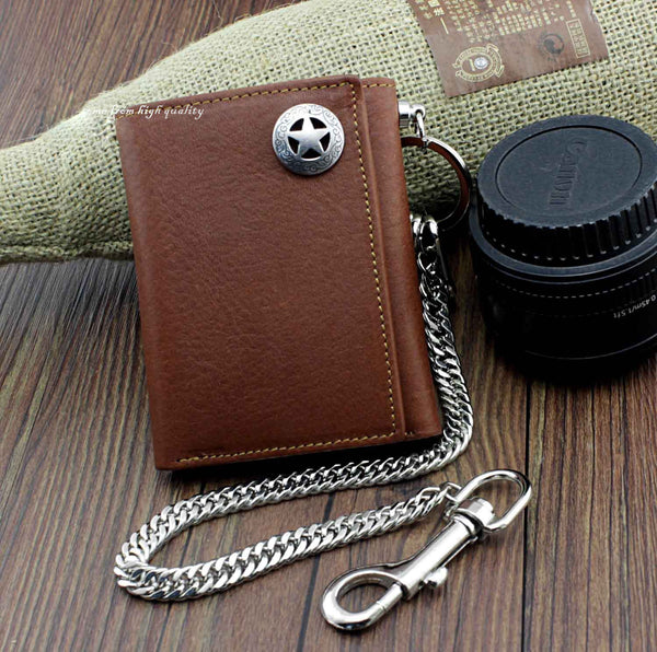 BADASS BROWN LEATHER MENS TRIFOLD SMALL BIKER WALLET CHAIN WALLET WALLET WITH CHAIN FOR MEN