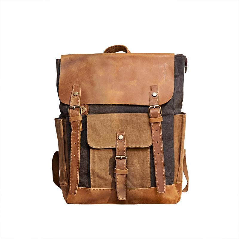 Canvas Leather Mens Backpack 15 inches Travel Backpacks Satchel Backpack Canvas School Backpack for Men