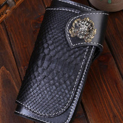 Handmade Mens Cool Tooled Long Boa Skin Leather Chain Wallet Biker Trucker Wallet with Chain