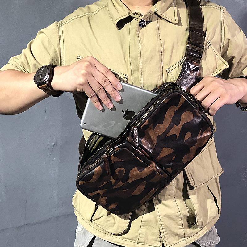 Cool Leather Mens Camouflage Chest Bag Sling Bag Crossbody Pack Black One Shoulder Backpack for men