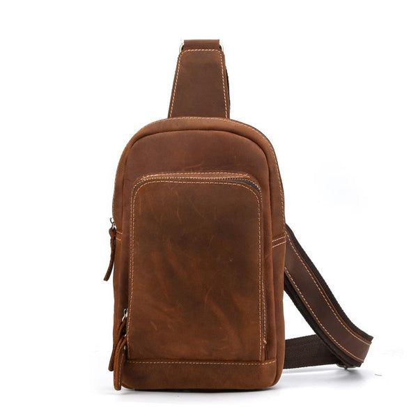 Vintage Mens Leather One Shoulder Backpacks Chest Bag Sling Bags Sling Crossbody Bags For Men