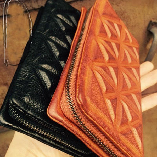 Genuine Leather Mens Cool Long Leather Wallet Zipper Clutch Wristlet Wallet for Men