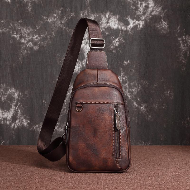 Casual Leather One Shoulder Backpack 10-inch Chest Bag Sling Bag Sling Crossbody Bag For Men