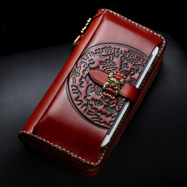 Handmade Leather Mens Chain Biker Wallet Cool Leather Wallet Long Phone Wallets for Men