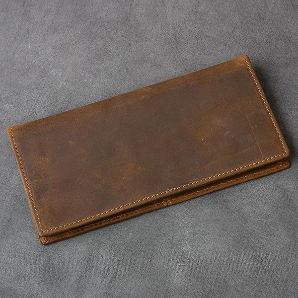 Vintage Brown Leather Mens Bifold Long Wallet Long Bifold Card Wallet For Men