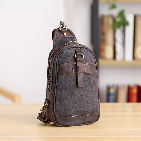 Canvas Leather Mens Sling Bag Green Chest Bag One Shoulder Backpack for Men