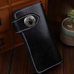 Handmade Leather Mens Cool Long Black Obsidian Chain Wallet Biker Trucker Wallet with Chain