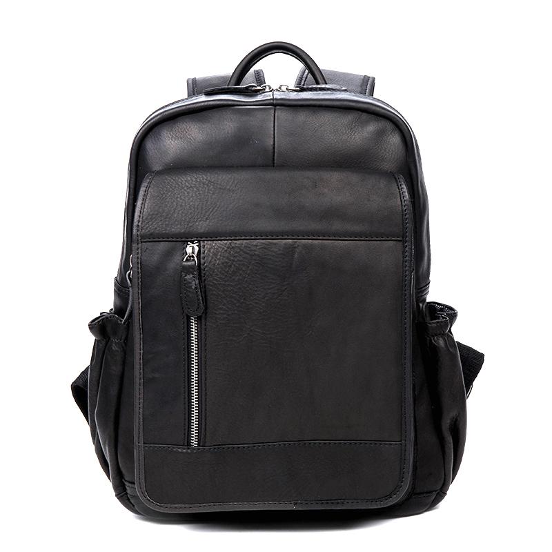 Black Business Mens Leather 14-inch Computer Backpacks Cool Travel Black Backpacks School Backpack for men