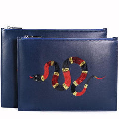 Handmade Leather Mens Clutch Snake Cool Slim Wallet Zipper Clutch Wristlet Wallet for Men