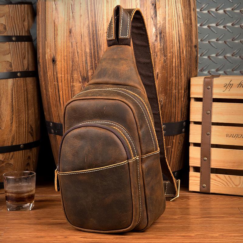 Cool Dark Brown Leather Mens Crossbody Pack Sling Bags Brown One Shoulder Pack Chest Bag for men