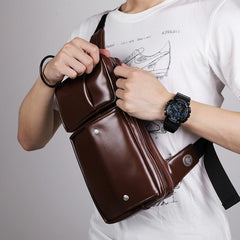 Cool PU Leather Men's Brown One Shoulder Backpack Black Chest Bag Sling Bag For Men