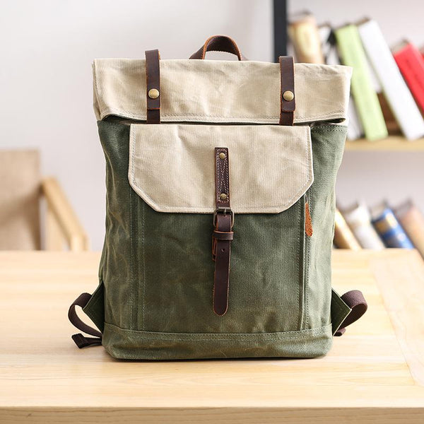 Waxed Canvas Mens Womens 15‘’ Computer Backpack Green School Backpack Hiking Backpack for Men